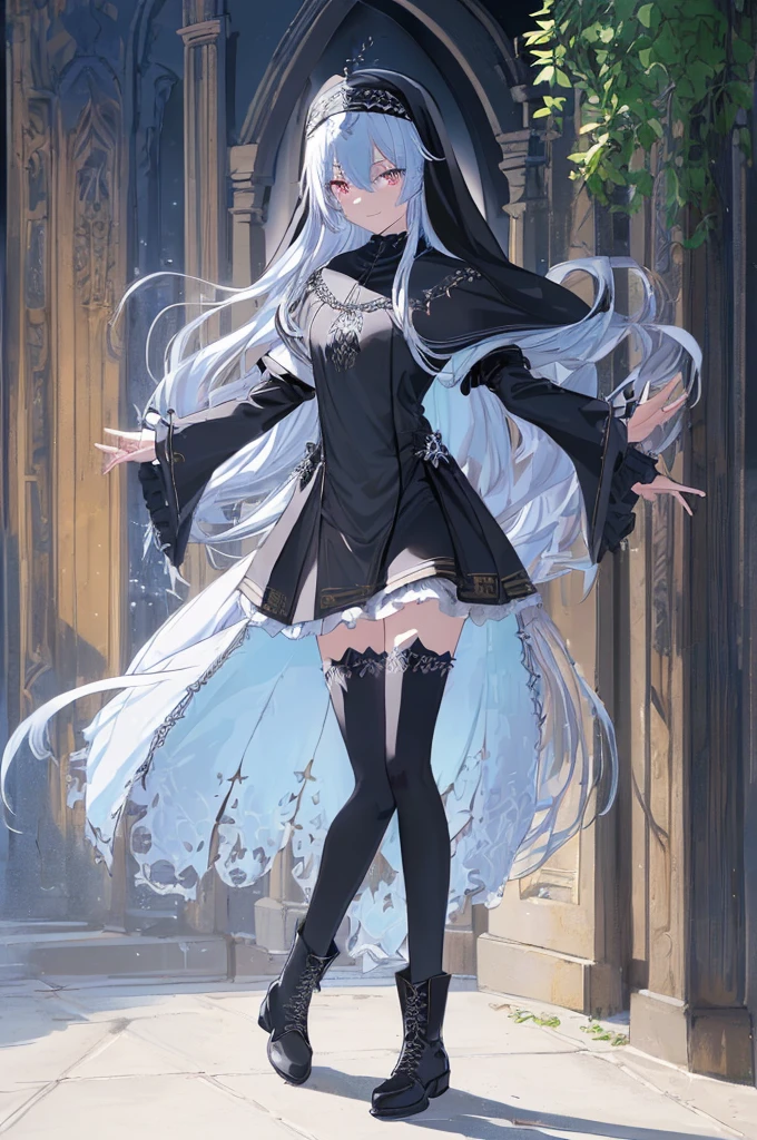[(cathedral background:1.4)::5],Original,(Illustration:1.1),(Best Quality),(masutepiece:1.1),(the Extremely Detailed CG Unity 8K Wallpapers:1.1), (Colorful:0.9),(mid-shot:0.95),(Full body:1.5),Dynamic Angle,(Solo:1.2), (girl),(((Adult))), (Detailed beautiful eyes:1.15), (Beautiful face:1.15), (Glowing black eyes:1.25////),(Blue Long Hair),(nun headdress),(+perfect hand+:1.21),(Draw an illustration of a Holy Knight Wizard),(Religious),(slender),(she has boots on her feet),((I'm wearing black knee-high socks)),Smile,(Ruffled miniskirt with metal embellishments),beautiful slender adult,((theater background)),