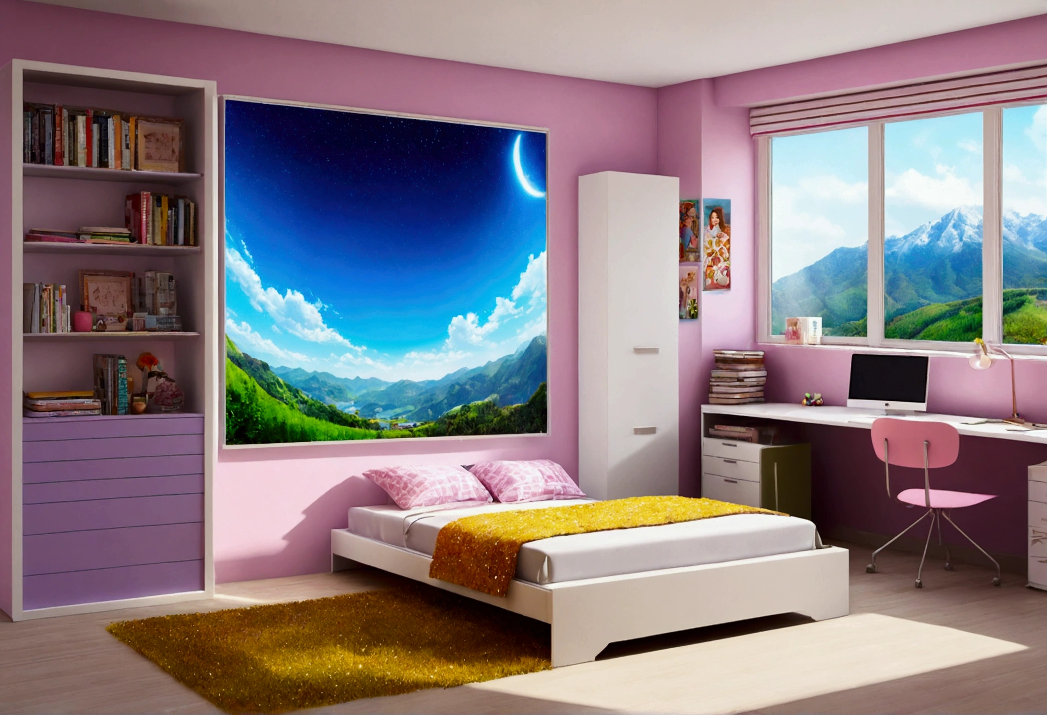 one's home, Large windows and beautiful views,High School Girl Room,Glitter effect,Highest quality, 8k, High resolution, masterpiece:1.2, Very detailed, Realistic:1.37, High resolution, 超High resolution, Ultra-fine painting, Very detailed, Professional, Vibrant colors