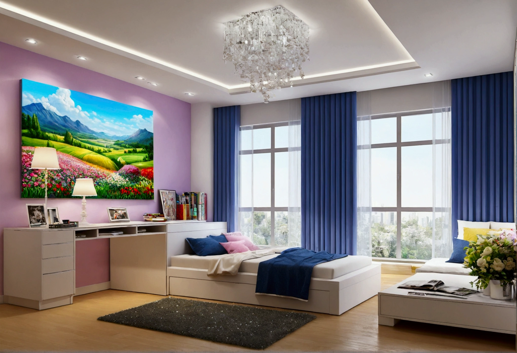one's home, Large windows and beautiful views,High Girl Room,Glitter effect,Highest quality, 8k, High resolution, masterpiece:1.2, Very detailed, Realistic:1.37, High resolution, 超High resolution, Ultra-fine painting, Very detailed, Professional, Vibrant colors