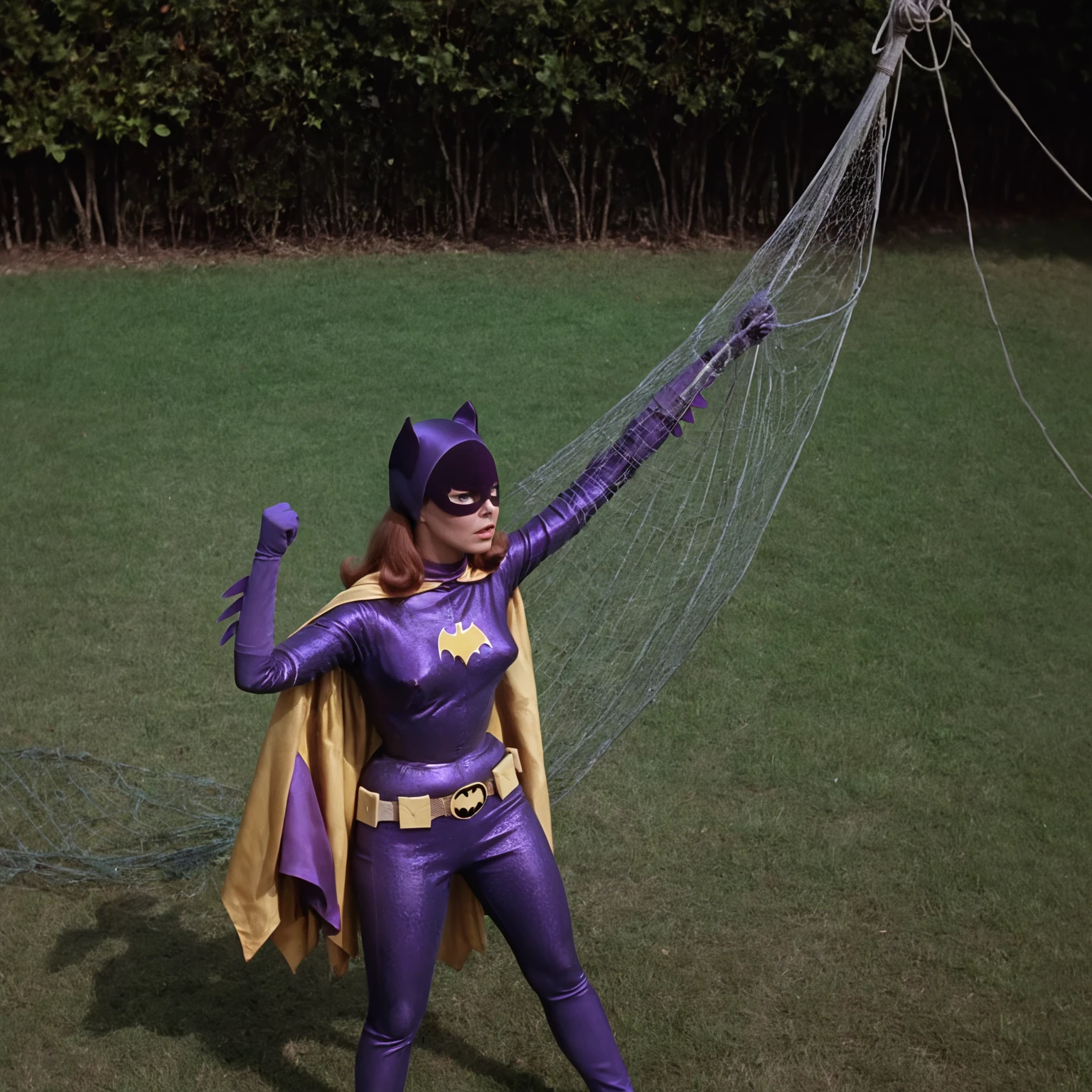 yvonne craig woman, standing facing camera, shrugged shoulders, her body is tied by a net which squeeze her body, she squeezed, she is in pain , 60's style, analog film, on grass, film grain