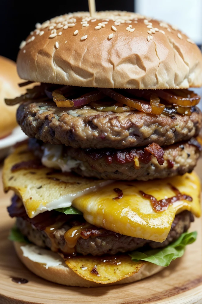 styled: Realistic high definition photography Size: 3840 x 2160 pixels (4k uhd)
context: nblurry background, with main focus on the burger Composition:
Bread: Bread australiano escuro com uma crosta levemente polvilhada com farinha de milho
Queijo: Gorgonzola, slightly melted Onion: Caramelized onions, with a golden brown color and soft texture Meat: A juicy beef burger, well grilled with visible grill marks, showing a juicy, rosy Bacon interior: Crispy de bacon, crunchy and reddish in color Additional Details: Drops of meat juice running down, highlighting the juiciness of the burger; a slight smoke coming out to show that the burger is hot Lighting: soft natural light, highlighting the textures and colors of the ingredients Angle: Close-up with a slightly tilted angle to capture the layer of ingredients Description: A gourmet burger with Australian bread, Gorgonzola derretido, Caramelized onions, a juicy beef burger and crispy bacon, everything in high definition and with realistic details that highlight the quality and flavor of the dish.