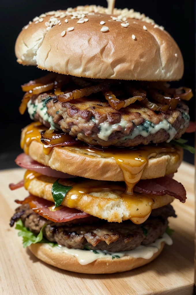 styled: Realistic high definition photography Size: 3840 x 2160 pixels (4k uhd)
context: nblurry background, with main focus on the burger Composition:
Bread: Bread australiano escuro com uma crosta levemente polvilhada com farinha de milho
Queijo: Gorgonzola, slightly melted Onion: Caramelized onions, with a golden brown color and soft texture Meat: A juicy beef burger, well grilled with visible grill marks, showing a juicy, rosy Bacon interior: Crispy de bacon, crunchy and reddish in color Additional Details: Drops of meat juice running down, highlighting the juiciness of the burger; a slight smoke coming out to show that the burger is hot Lighting: soft natural light, highlighting the textures and colors of the ingredients Angle: Close-up with a slightly tilted angle to capture the layer of ingredients Description: A gourmet burger with Australian bread, Gorgonzola derretido, Caramelized onions, a juicy beef burger and crispy bacon, everything in high definition and with realistic details that highlight the quality and flavor of the dish.