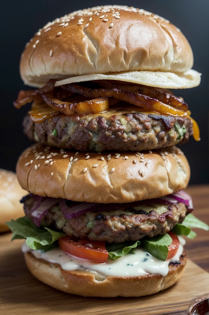 styled: Realistic high definition photography Size: 3840 x 2160 pixels (4k uhd)
context: nblurry background, with main focus on the burger Composition:
Bread: Bread australiano escuro com uma crosta levemente polvilhada com farinha de milho
Queijo: Gorgonzola, slightly melted Onion: Caramelized onions, with a golden brown color and soft texture Meat: A juicy beef burger, well grilled with visible grill marks, showing a juicy, rosy Bacon interior: Crispy de bacon, crunchy and reddish in color Additional Details: Drops of meat juice running down, highlighting the juiciness of the burger; a slight smoke coming out to show that the burger is hot Lighting: soft natural light, highlighting the textures and colors of the ingredients Angle: Close-up with a slightly tilted angle to capture the layer of ingredients Description: A gourmet burger with Australian bread, Gorgonzola derretido, Caramelized onions, a juicy beef burger and crispy bacon, everything in high definition and with realistic details that highlight the quality and flavor of the dish.