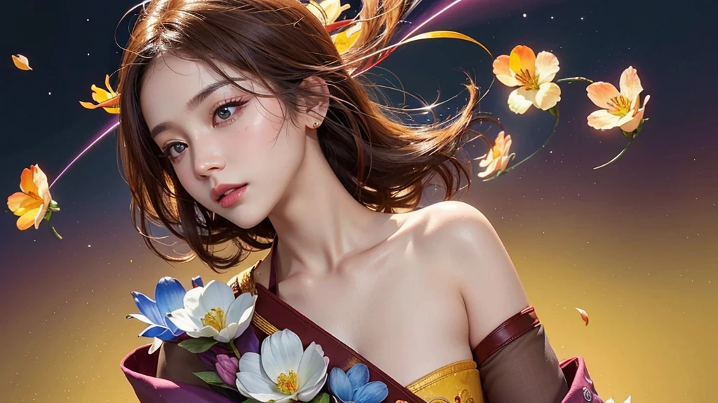 One girl, alone, flower畑, flower, (Official Art, unity 8k wallpaper, Super detailed, beautifully、aesthetic, masterpiece ,Highest quality:1.3), (Dynamic Angle:1.4), (Floating colorful sparkles:1) , elegant, Vibrant colors, Highly detailed face, Detailed eyes, Glowing Skin, Glossy Lips , Red and yellow background, Brown short hair,