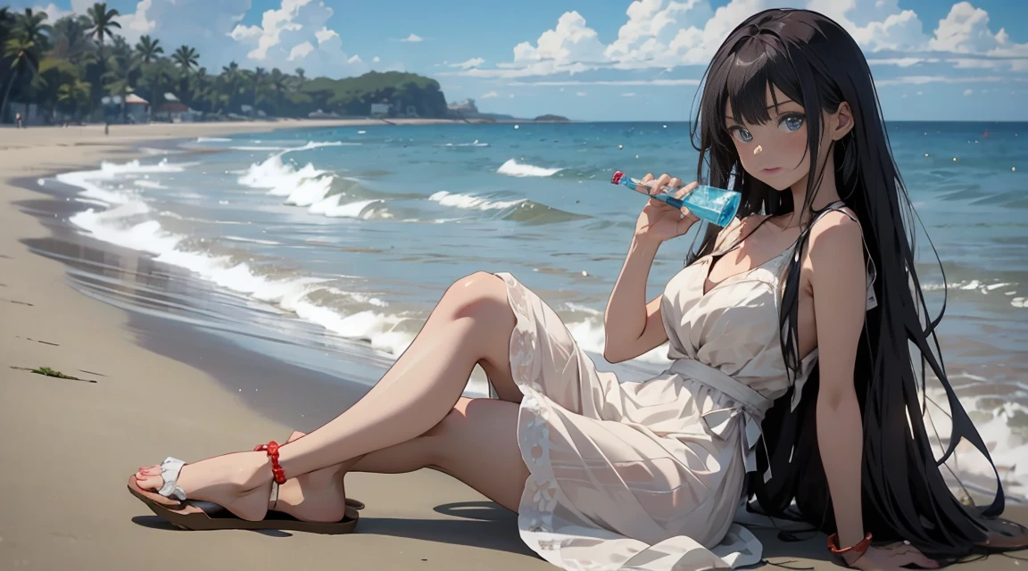 Anime style, young woman in white lace dress, long hair, seaside background, full body, bare feet. She is holding a sandal in one hand