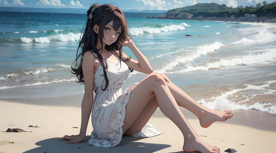 Anime style, young woman in white lace dress, long hair, seaside background, full body, bare feet. She is holding a sandal in one hand