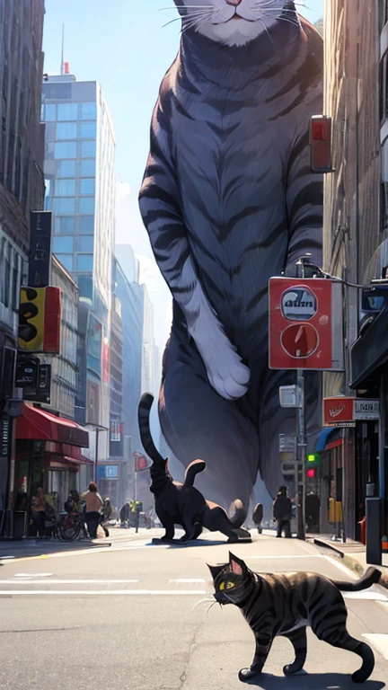 (Giant Cat:1.5),people running away, people looking up,The intensity of a panic movie