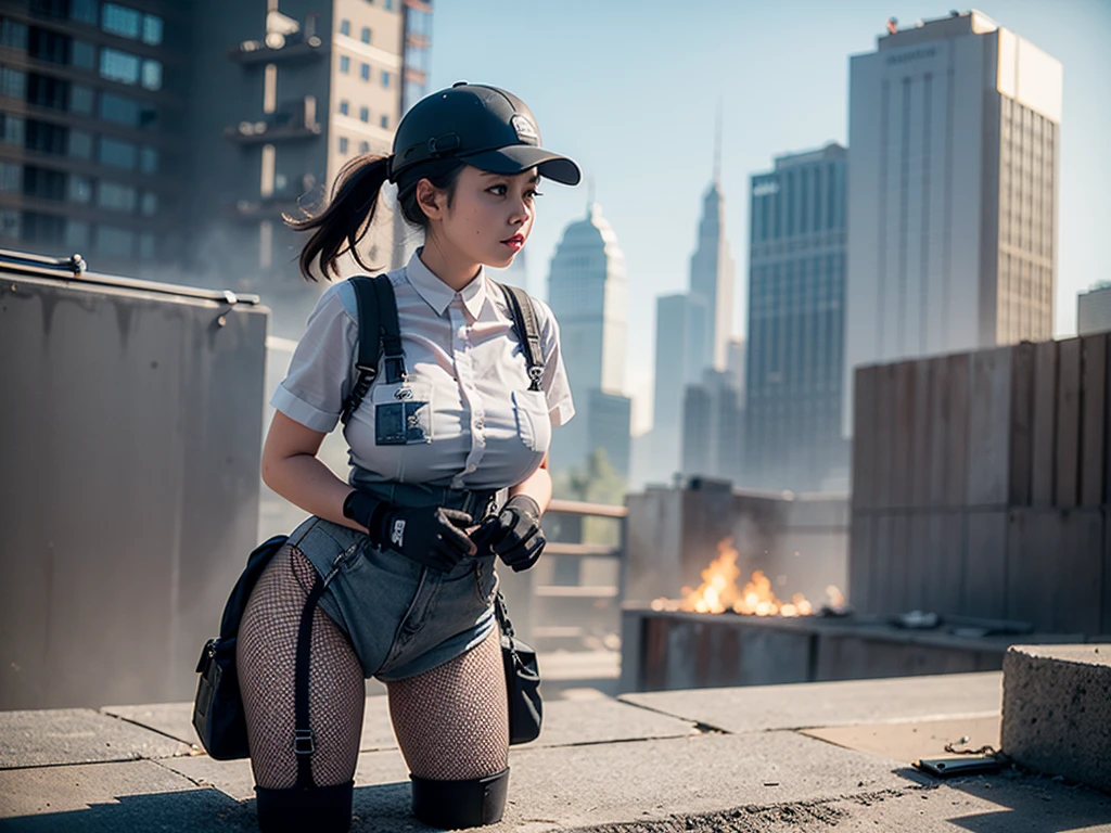 a busty girl,wearing the pantyhose and garter belt stockings and fishnet stockings,fleshy thigh ,thick thigh ,big round breasts,huge breasts ,perfect body;The sun blazes down on the construction site, bathing the entire scene in harsh, bright light and intense heat. Despite this, the female construction worker remains focused on her task, beads of sweat dotting her brow. The site is cluttered with building materials such as bricks, concrete, and steel bars. Around her rise half-completed skyscrapers, cranes moving slowly in the distance as workers toil at their respective posts. She wears a dark blue or gray coverall with multiple pockets, a sturdy safety helmet with a broad brim, and gloves to protect her hands from the roughness of tools and materials. Her feet are clad in robust work boots, and around her waist hangs a tool belt holding essential items like a hammer, screwdrivers, and a measuring tape.