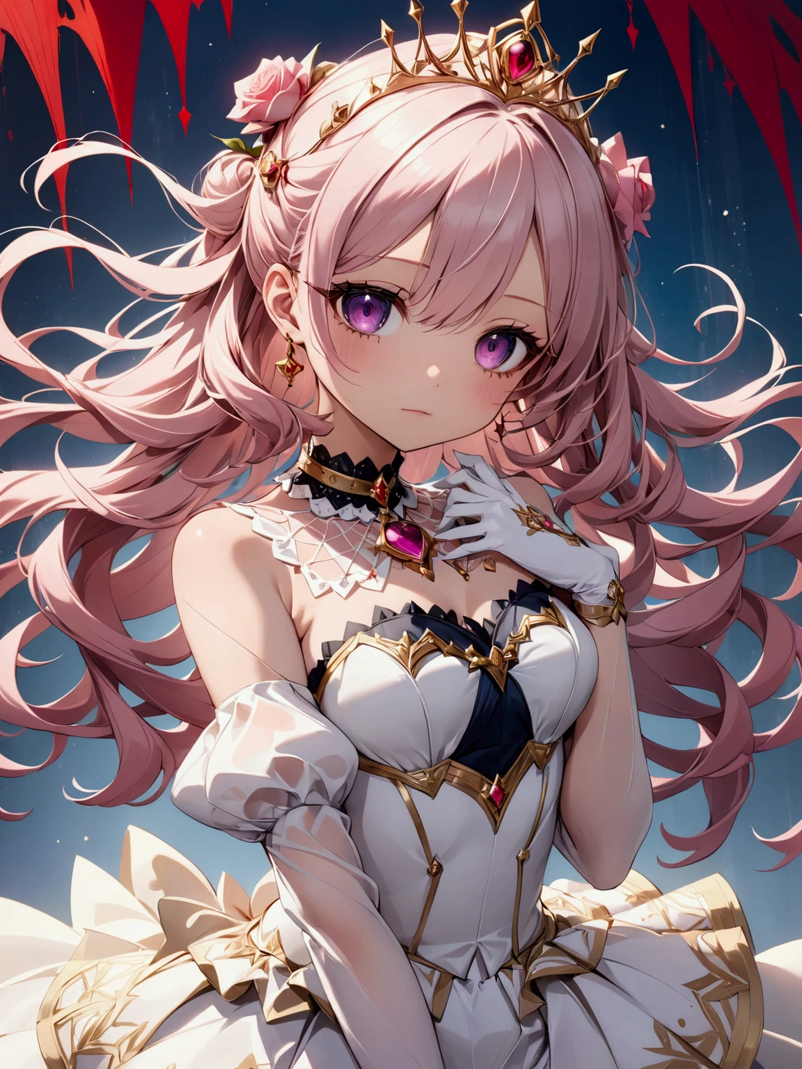 Create an anime-style girl with deep magenta eyes and long, wavy pink hair styled in an elegant updo. She is slender with small breasts. Ensure a full-body shot of her wearing a magical girl-themed outfit. The outfit features a fitted bodice with a sweetheart neckline, gold embroidery, and pastel pink accents. The bodice has delicate rose gold spider web patterns. She wears a multi-layered knee-length skirt with a high-low hemline, the outermost layer sheer with gold and rose gold spider web patterns. She has off-the-shoulder puff sleeves, arm-length pastel pink gloves with gold trim, and a gold choker with a red gemstone. The outfit includes a short, detachable sheer cape with rose gold spider web patterns and is fastened with gold brooches. She wears pastel pink ankle boots with gold heels and rose gold laces. Accessories include a gold tiara with a red gemstone and gold spider-shaped hairpins. The overall look is regal and ethereal, with magical glowing effects.