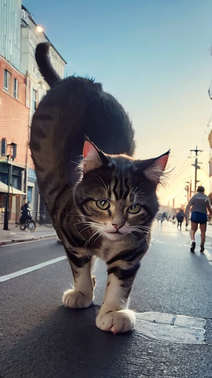 (Giant Cat:1.5),people running away, people looking up,The intensity of a panic movie