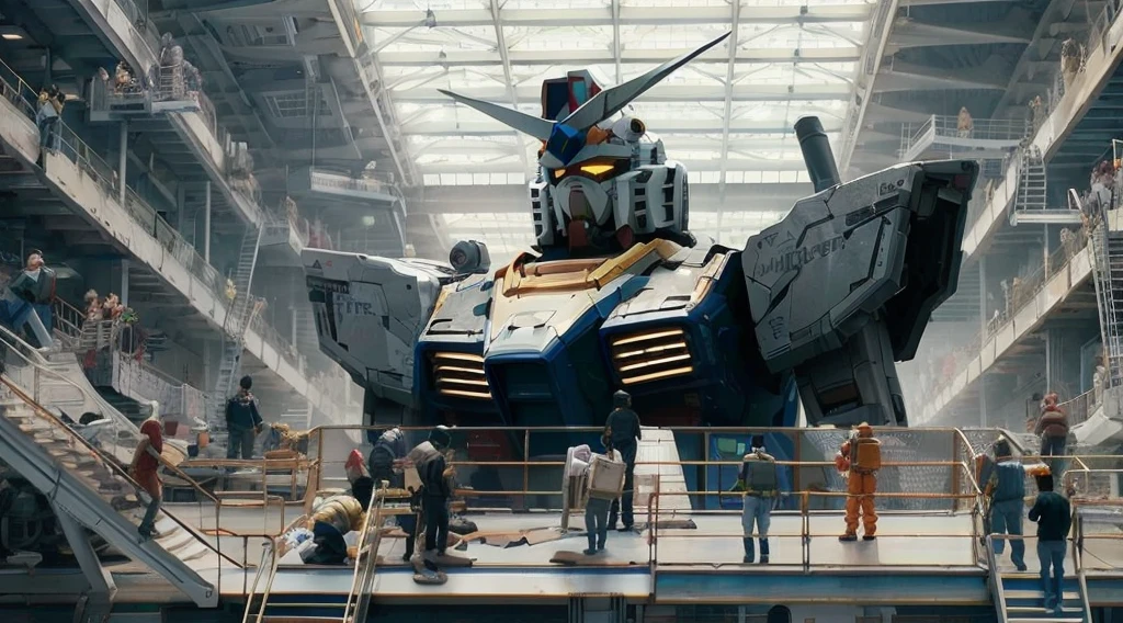 many workers repairing, interacting and checking a damaged giant 40 meter tall Gundam RX 78 in a large, futuristic workshop with walkways and stairs and congaldo workers passing over the Gundam RX 78