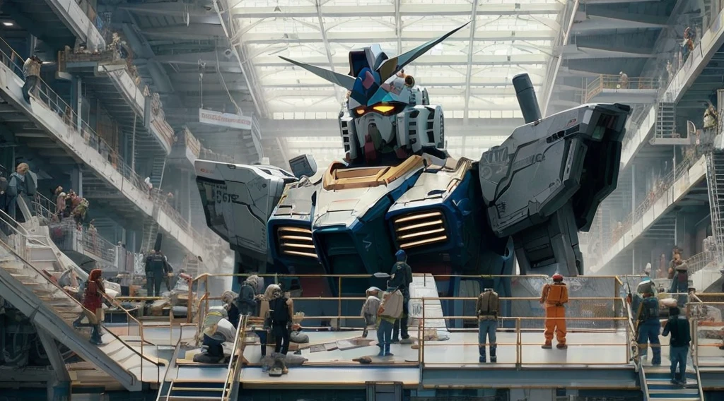 many workers repairing, interacting and checking a damaged giant 40 meter tall Gundam RX 78 in a large, futuristic workshop with walkways and stairs and congaldo workers passing over the Gundam RX 78