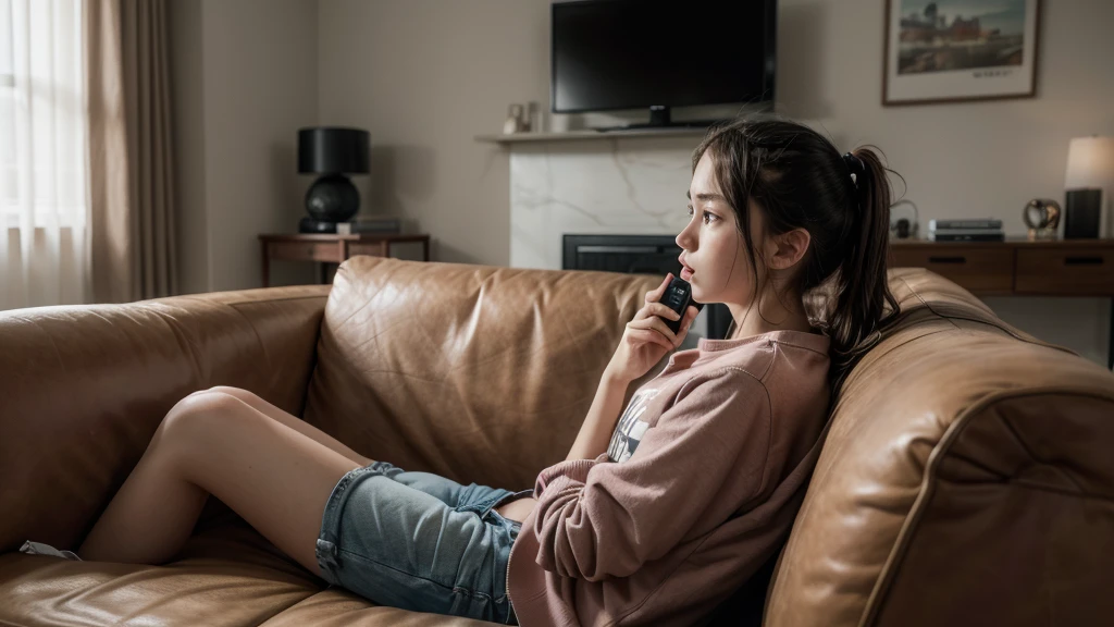 A frustrated ager watching television, using a remote controller, in a living room, sitting in a couch thinking about life.