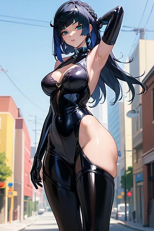 (masterpiece, best quality:1.4), wide open legs, close in view, visible tights, best anatomy, anime girl in black latex posing on the street, wearing latex, black shiny latex, visible armpits