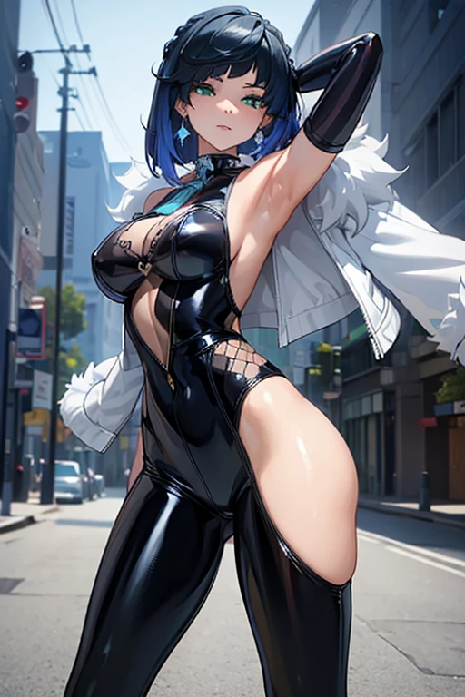 (masterpiece, best quality:1.4), wide open legs, close in view, visible tights, best anatomy, anime girl in black latex posing on the street, wearing latex, black shiny latex, visible armpits