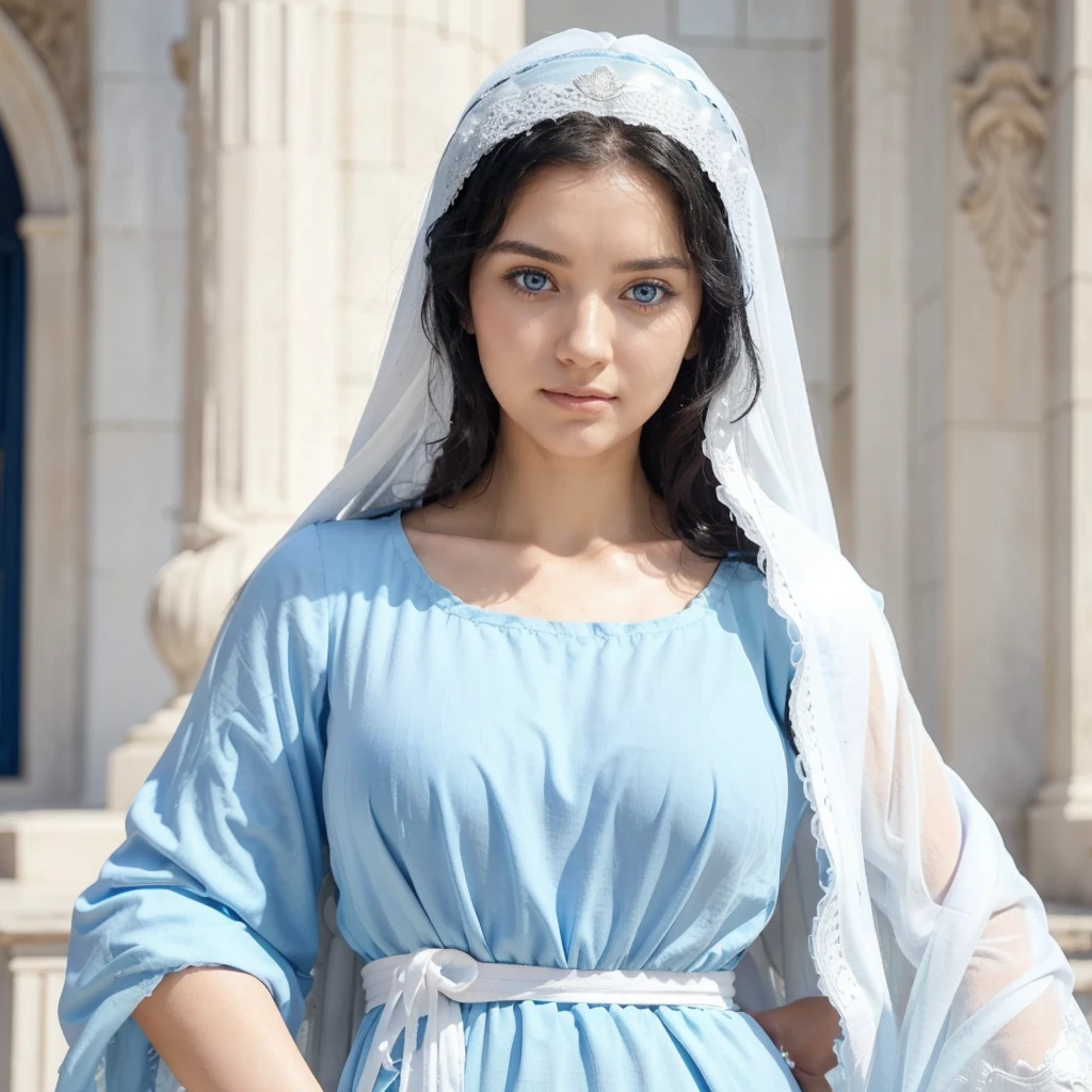 Beautiful woman with light blue eyes, curly black hair, wearing a blue tunic with wide, long sleeves adjusted at the waist by a white sash. Wear a thick white veil. She has open arms. Beautiful female hands