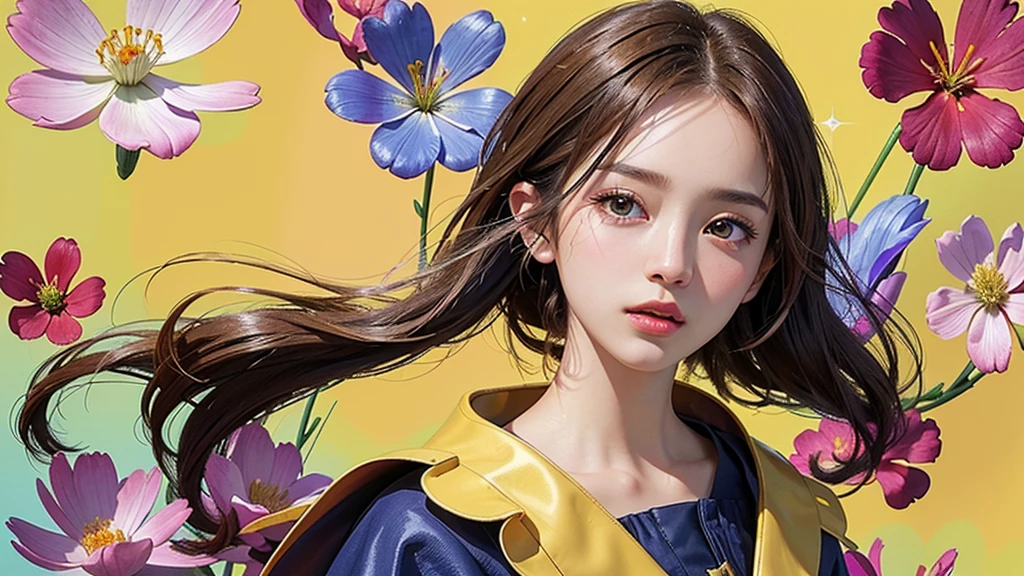 One girl, alone, flower畑, flower, (Official Art, unity 8k wallpaper, Super detailed, beautifully、aesthetic, masterpiece ,Highest quality:1.3), (Dynamic Angle:1.4), (Floating colorful sparkles:1) , elegant, Vibrant colors, Highly detailed face, Detailed eyes, Glowing Skin, Glossy Lips , Red and yellow background, Brown short hair,