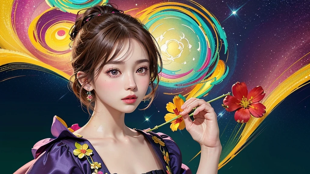 One girl, alone, flower畑, flower, (Official Art, unity 8k wallpaper, Super detailed, beautifully、aesthetic, masterpiece ,Highest quality:1.3), (Dynamic Angle:1.4), (Floating colorful sparkles:1) , elegant, Vibrant colors, Highly detailed face, Detailed eyes, Glowing Skin, Glossy Lips , Red and yellow background, Brown short hair,