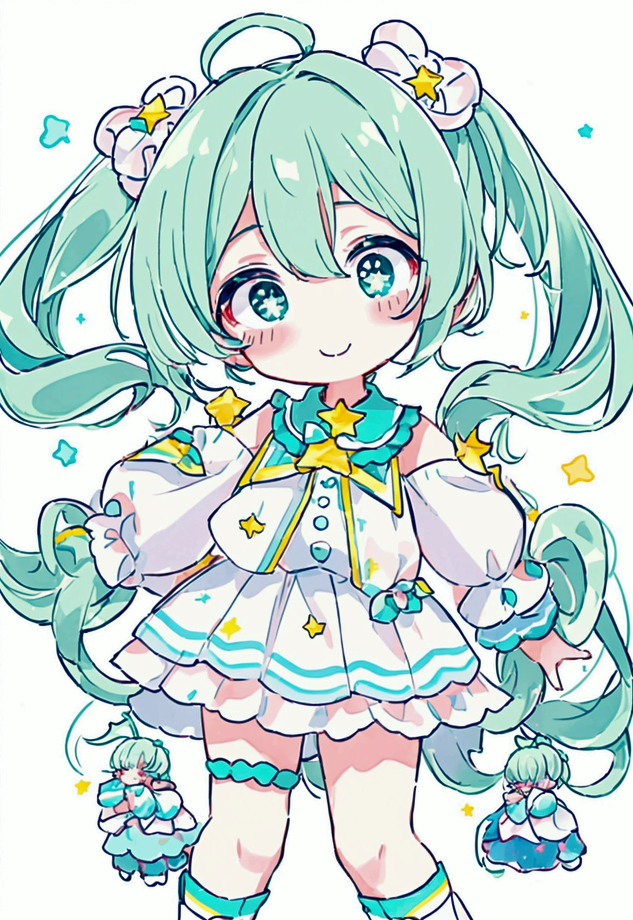 (high quality:1.6, 最high quality:1.6, detailed, 4K), (Cute style chibi girl,Twin tails,star,soft, colorful, delicate, Expressive, texture, sharp, green)