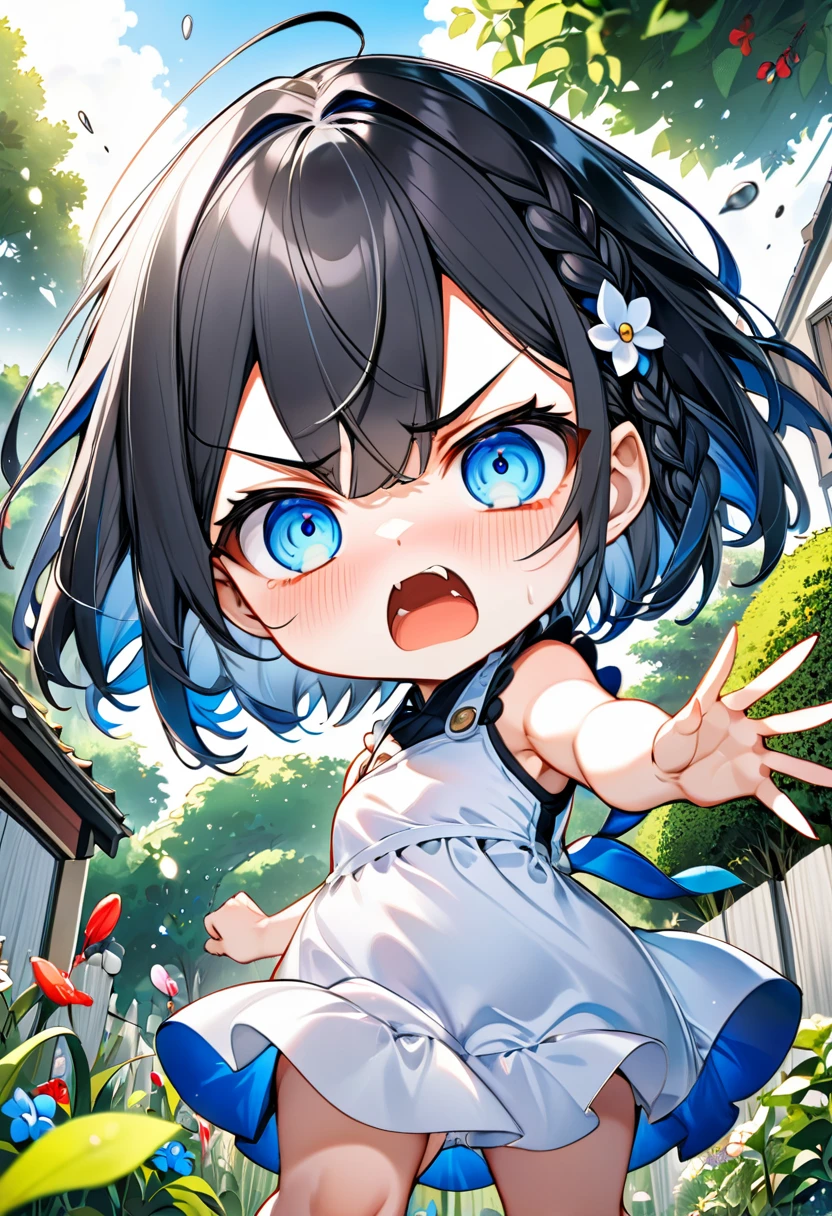 Highest quality、High resolution、Detailed Background、Beautiful face in every detail、Anatomically correct、Detailed facial expressions、fine grain、((From below))、((One Girl))、Chibi Girl、 Black Hair、beautiful clear big blue eyes、Braided Bob、Sleeveless dress、garden、Very angry、One hand raised high, ready to hit the viewer