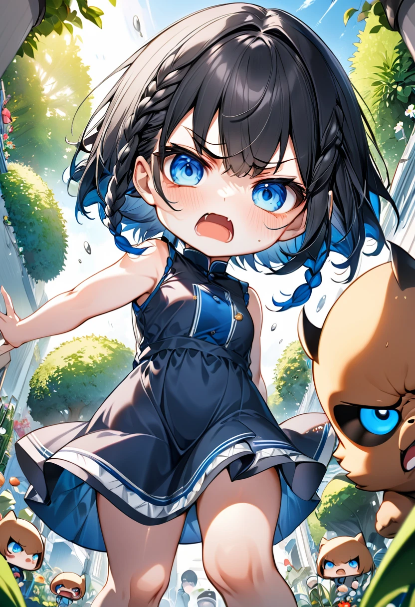 Highest quality、High resolution、Detailed Background、Beautiful face in every detail、Anatomically correct、Detailed facial expressions、fine grain、((From below))、((One Girl))、Chibi Girl、 Black Hair、beautiful clear big blue eyes、Braided Bob、Sleeveless dress、garden、Very angry、One hand raised high, ready to hit the viewer