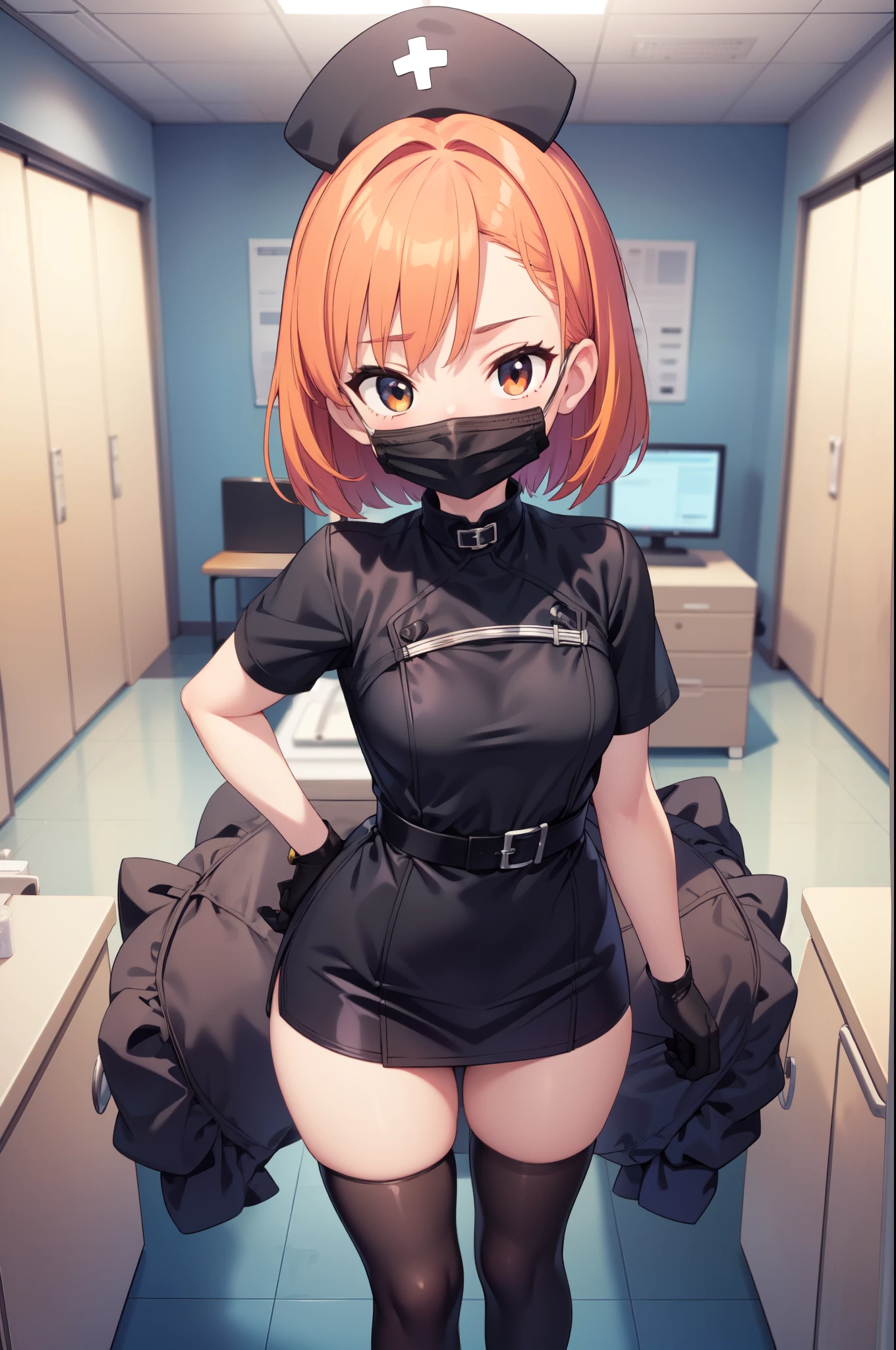 black nurse, 1girl, solo, black nurse cap, black nurse uniform, ((black legwear, zettai ryouiki)), black elbow gloves, very short hair, orange hair, ((black surgical mask, covered nose)), standing, ((surgery room)), sharp outline, short sleeves, tomboy, boyish, best quality, masterpiece