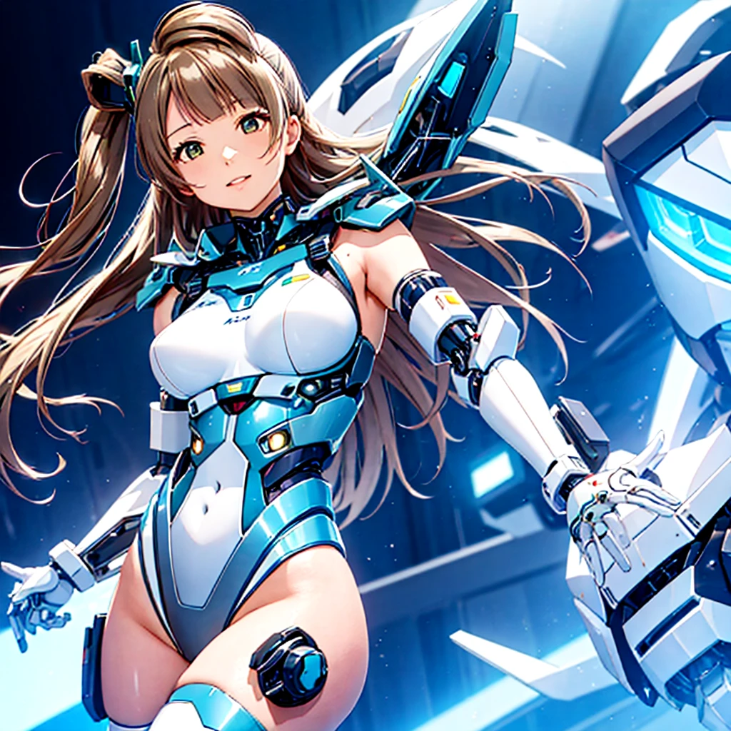 masterpiece, high quality, During the surgery to convert the machine、Minami Kotori, who has been turned into a mechanical body cyborg、Surgery to convert to a gynoid cyborg body with exposed mechanical parts、Blue and white leotard-type mechanical armor、The whole body from the neck down is precision-machined.、Single image、Full-body shot from the front