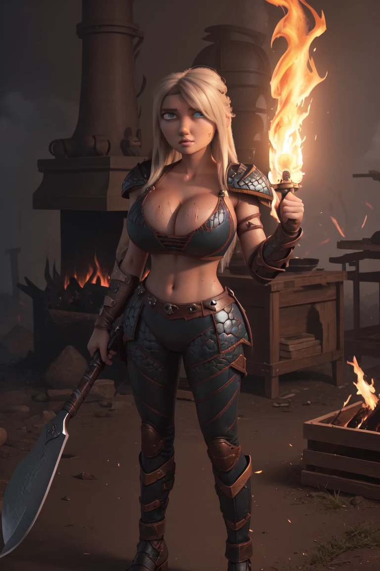 work of art, high qualiy, best qualityer, realisitic, face perfect, expressive eyes, Astrid Hofferson, 1 girl, standing alone, hair blonde, long hair, blue colored eyes, Bikini armors, Breasts huge, v-cut, ((sweat cleavage)),erect nipples covered over clothing, voluptuous sexy sweat, zetai ryouiki, standing, holding gun, ax, (hand on fist), fire, Burning, embers, Flame, smoke, sparks, (tenebrosa, natta, tenebrosaness:1.3), Depth of field, Full body.