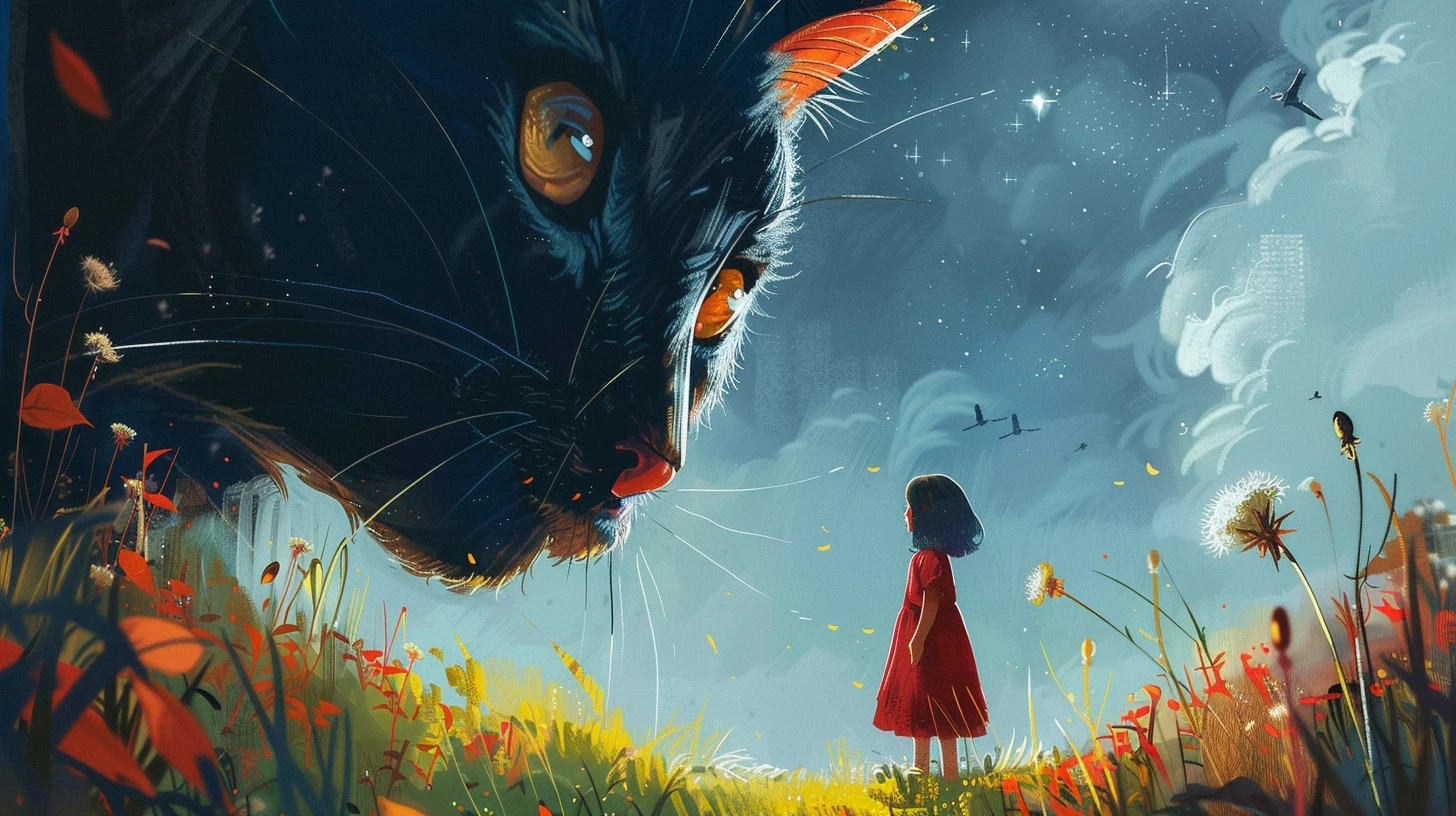 一只巨大的黑猫与穿着红裙的小女孩，童真与神秘交织成一幅温馨画面