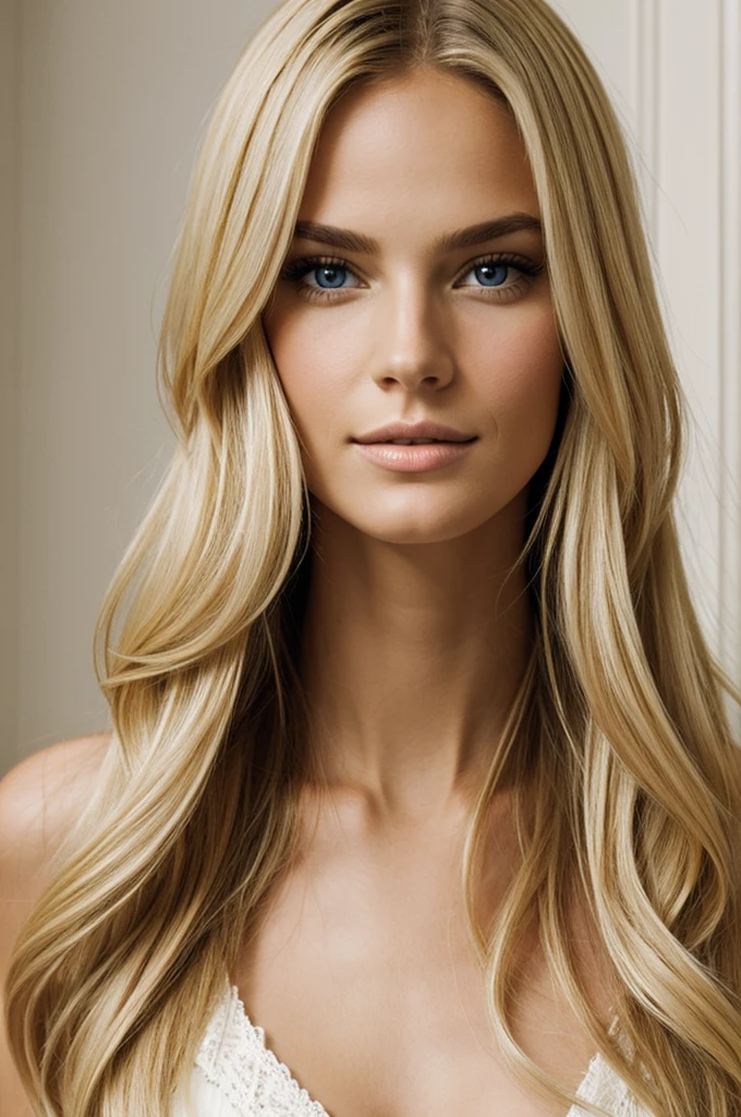 Portrait of a pretty blonde woman,with an elongated face, slim