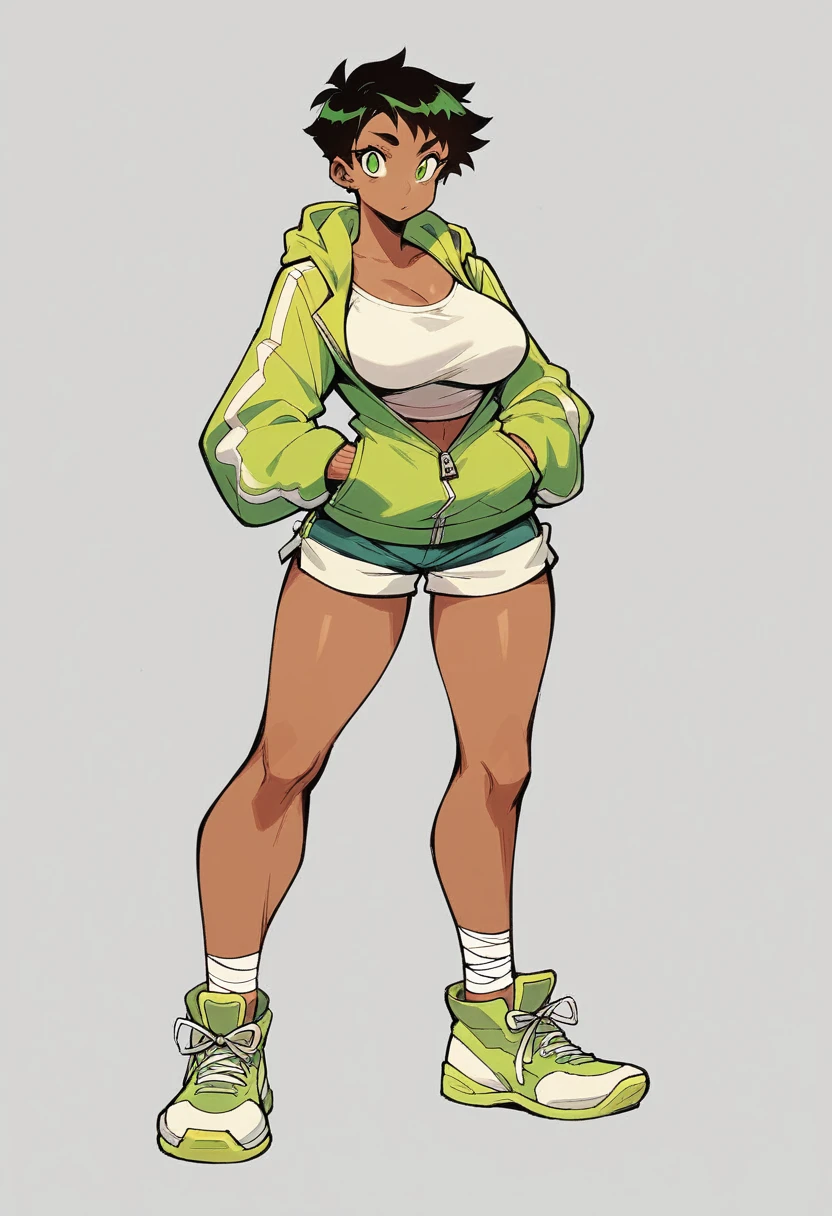 Arceus human female , Brown Skin ,big Breasts , zip hoodie, whiter short hair , shirt, Green eyes , Shorts , Full body,Shoes ,Bandage , Concept ART