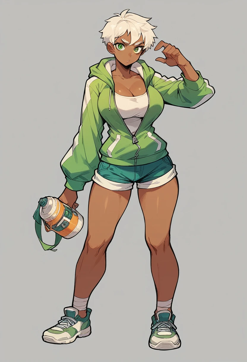 Arceus human female , Brown Skin ,big Breasts , zip hoodie, whiter short hair , shirt, Green eyes , Shorts , Full body,Shoes ,Bandage , Concept ART