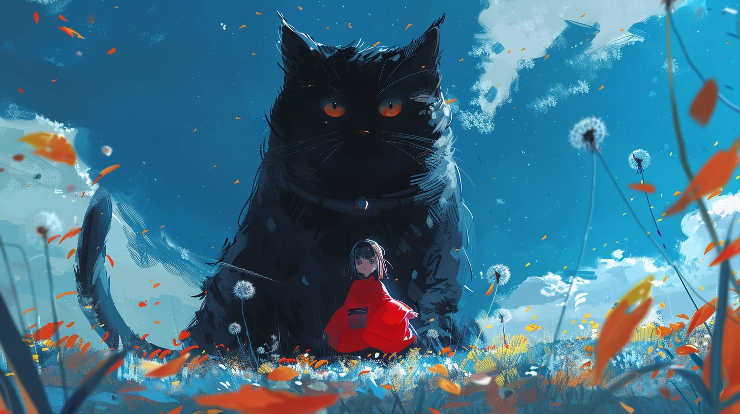 一只巨大的黑猫与穿着红裙的小女孩，童真与神秘交织成一幅温馨画面