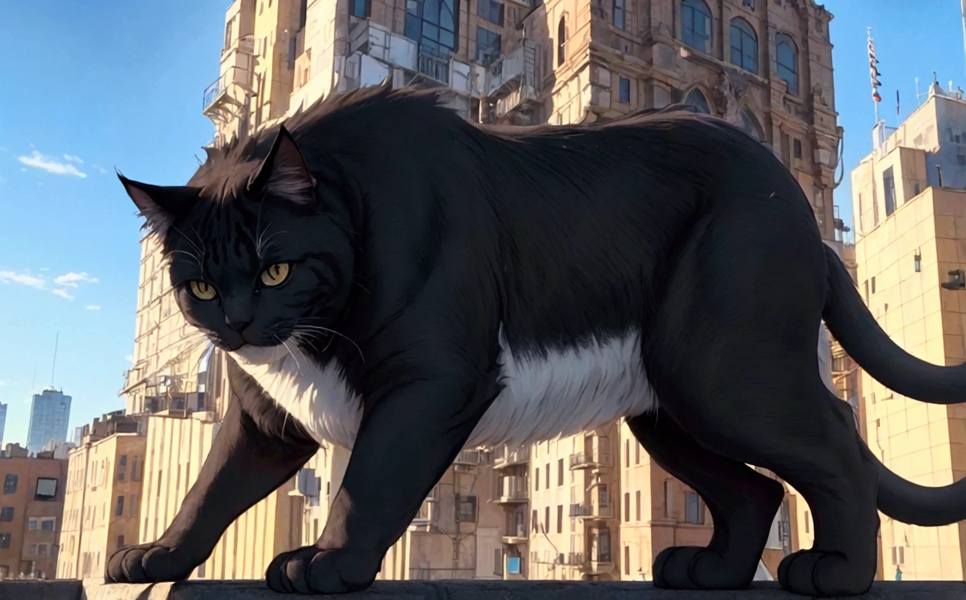 score_9,(best quality,4k,8k,highres,masterpiece:1.2),a ultra-gigantic cat lying on a building, crowd, city, from below, cinematic angle, anime, ultra-detailed,vivid colors,