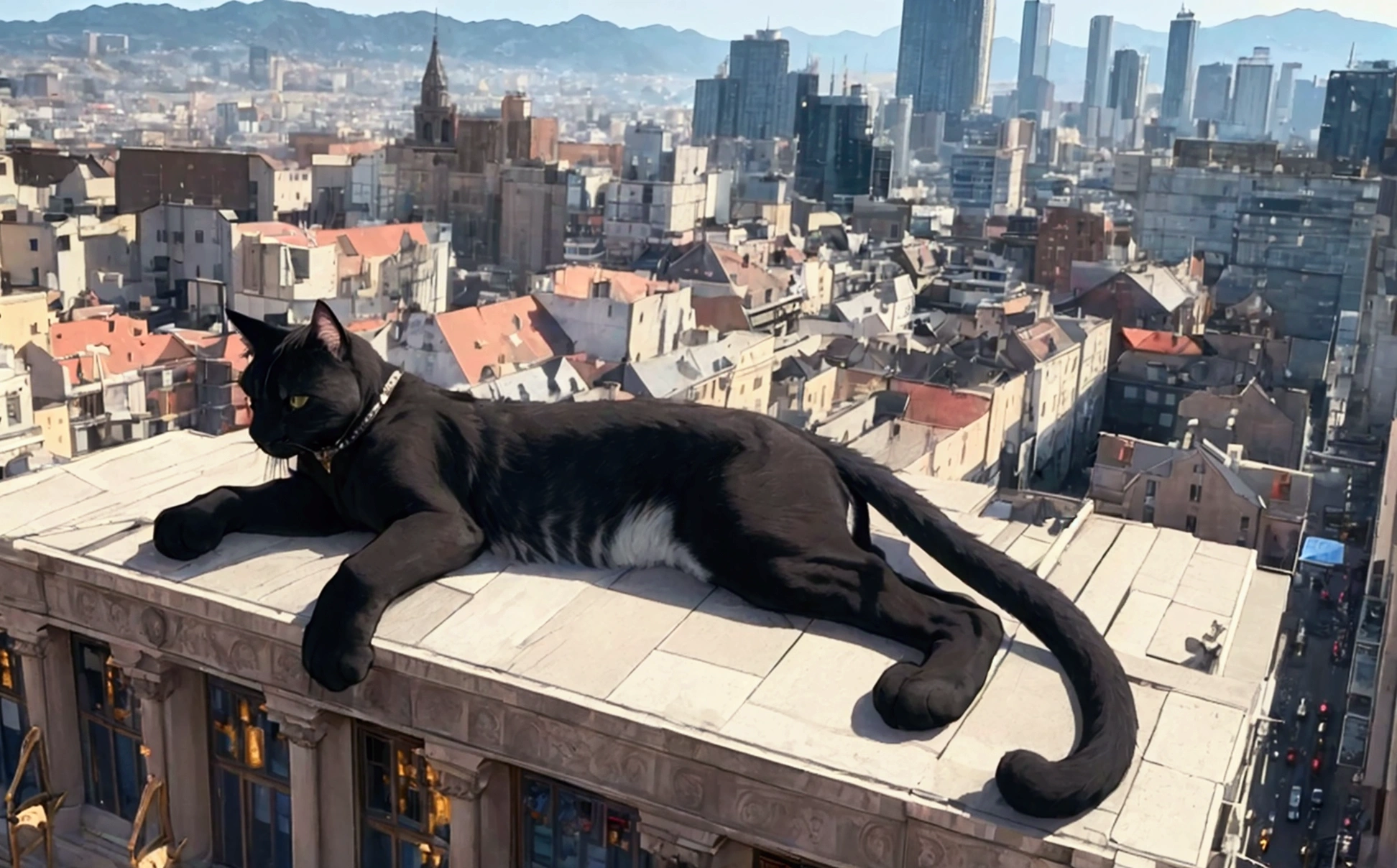 score_9,(best quality,4k,8k,highres,masterpiece:1.2),a ultra-gigantic cat lying on a building, crowd, city, from below, cinematic angle, anime, ultra-detailed,vivid colors,
