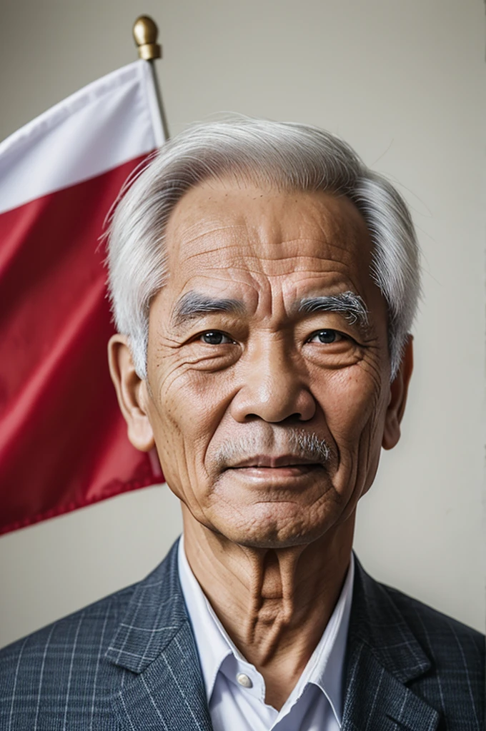 portrait of vietnamese man, 80 year old, white hair, bachground vietnames flag