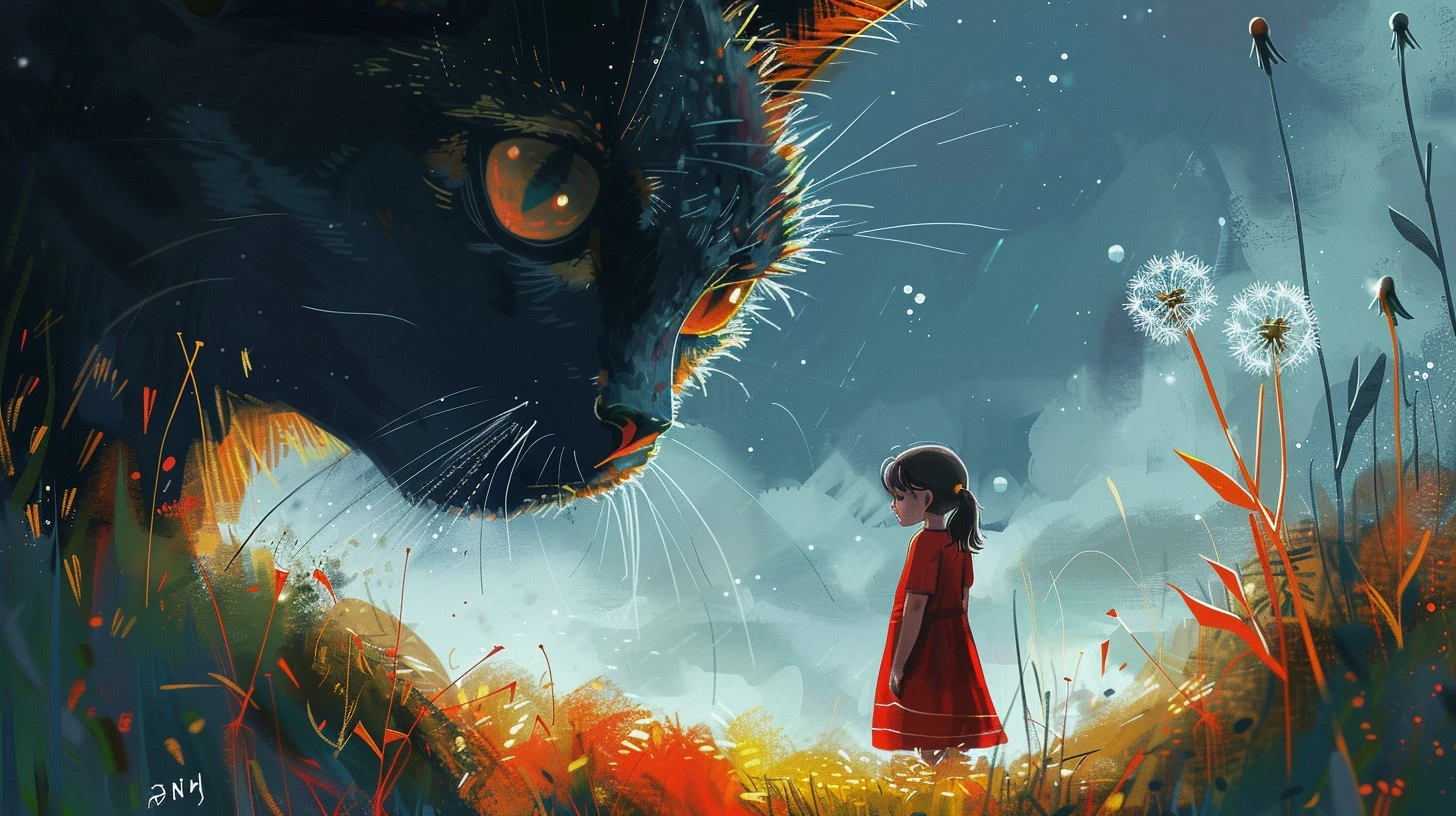 一只巨大的黑猫与穿着红裙的小女孩，童真与神秘交织成一幅温馨画面