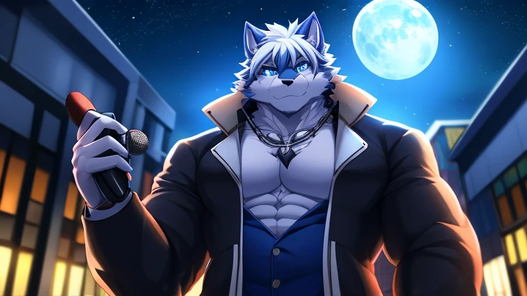 bynamic angle,depth of field,looking at viewer, (best quality), (masterpiece), (ultra detailed),(detailed eyes),sharp focus,manga,anthro male dark Blue Dragon, white hair,(muscular),Huge body chest, own pet kitty ,sky blue eyes,handsome, , blue necklace,cyber city , love, Full Moon,nighttime,Open your mouth，mighty，soft light，Beautiful,Sweaty, Sweat, steams,Black jacket,Dark blue jeans,Holding a microphone,Hydropower,,Show off your abs