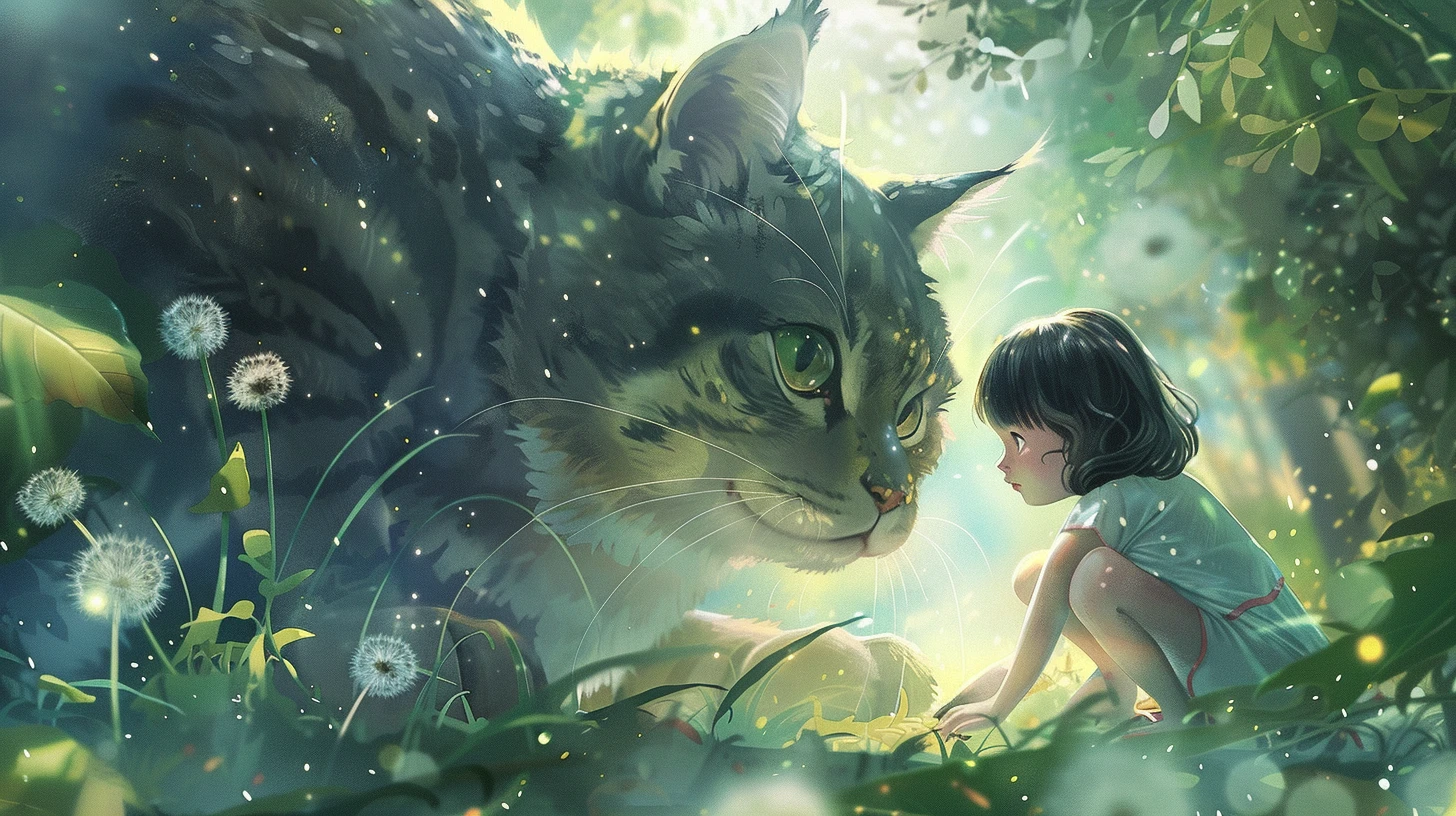 一只巨大的黑猫与穿着红裙的小女孩，童真与神秘交织成一幅温馨画面