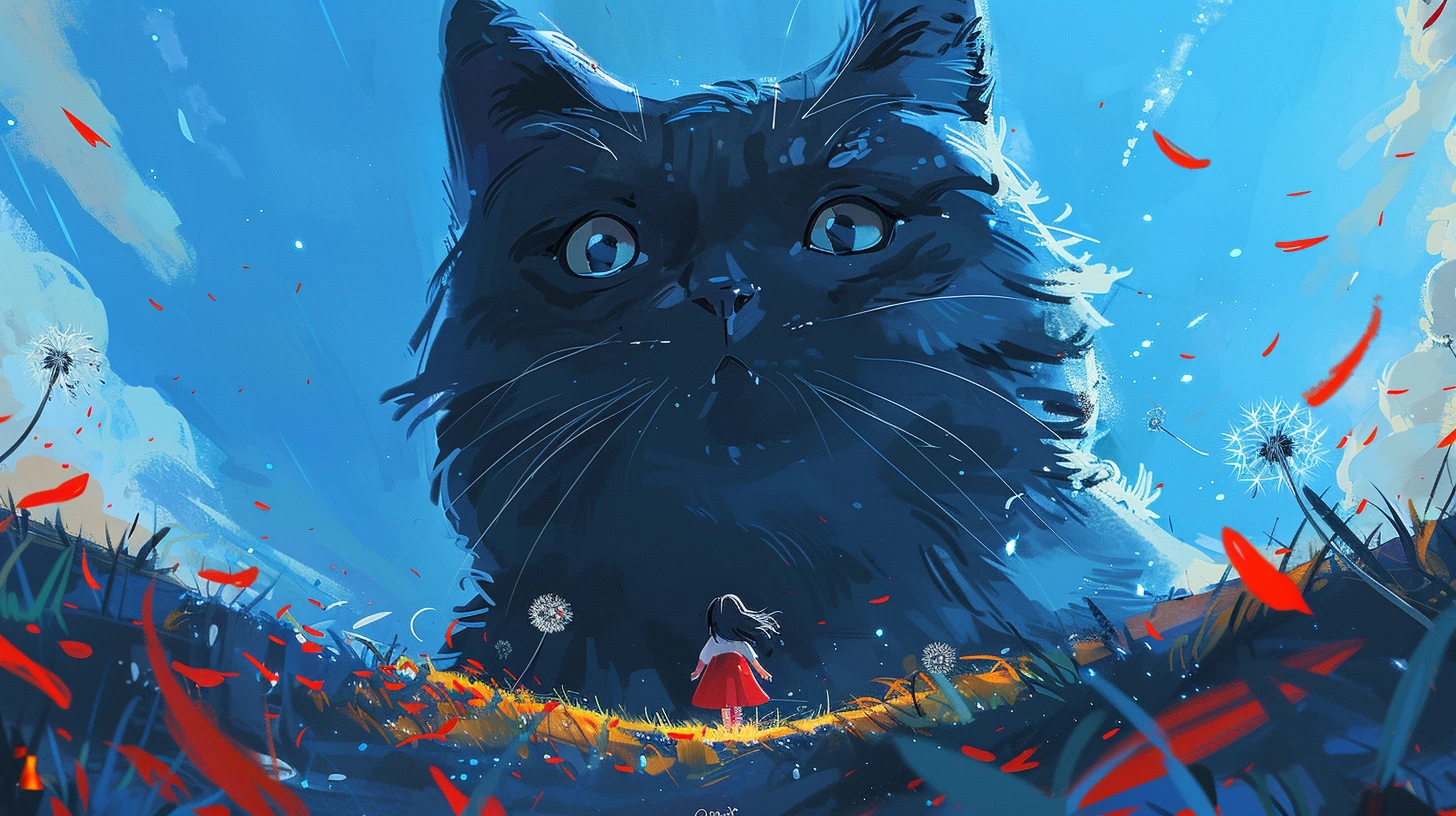 一只巨大的黑猫与穿着红裙的小女孩，童真与神秘交织成一幅温馨画面