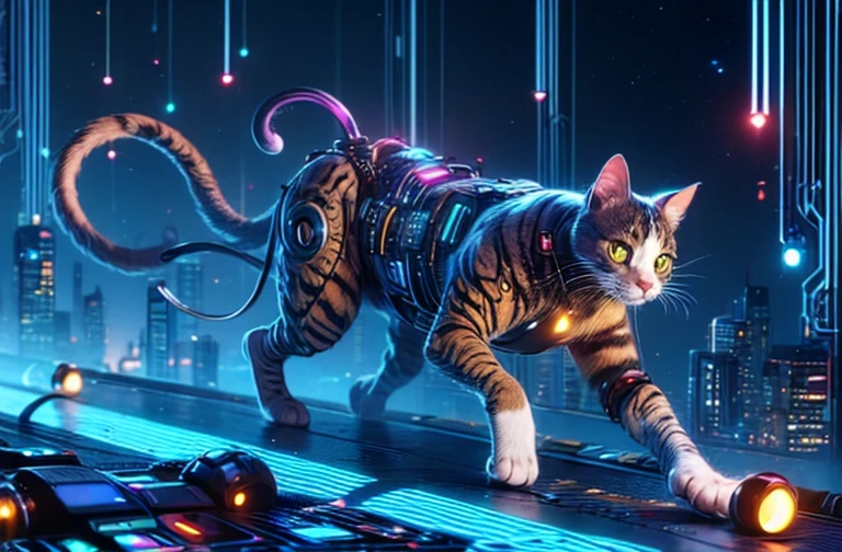 top quality, future world, ((cyborg cat is running)), side view 
