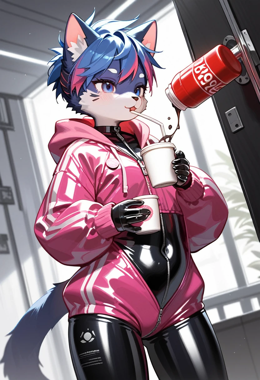 Highest quality, Highest quality, High quality illustrations, masterpiece, Ultra-high resolution, Detailed Background, room, Absurd, Perfect Anatomy, performance, Good lighting, Shadows in the movies(kemono, Furry PersonifiCation), Cat, Rubber Suit, latex, neon, neonライト, neonカラー, Bodysuits, Cyber Suit, cyber punk, Pink Rubber Hoodie, Drinking canned coffee, Earrings, Tattoo, Dynamic Angle