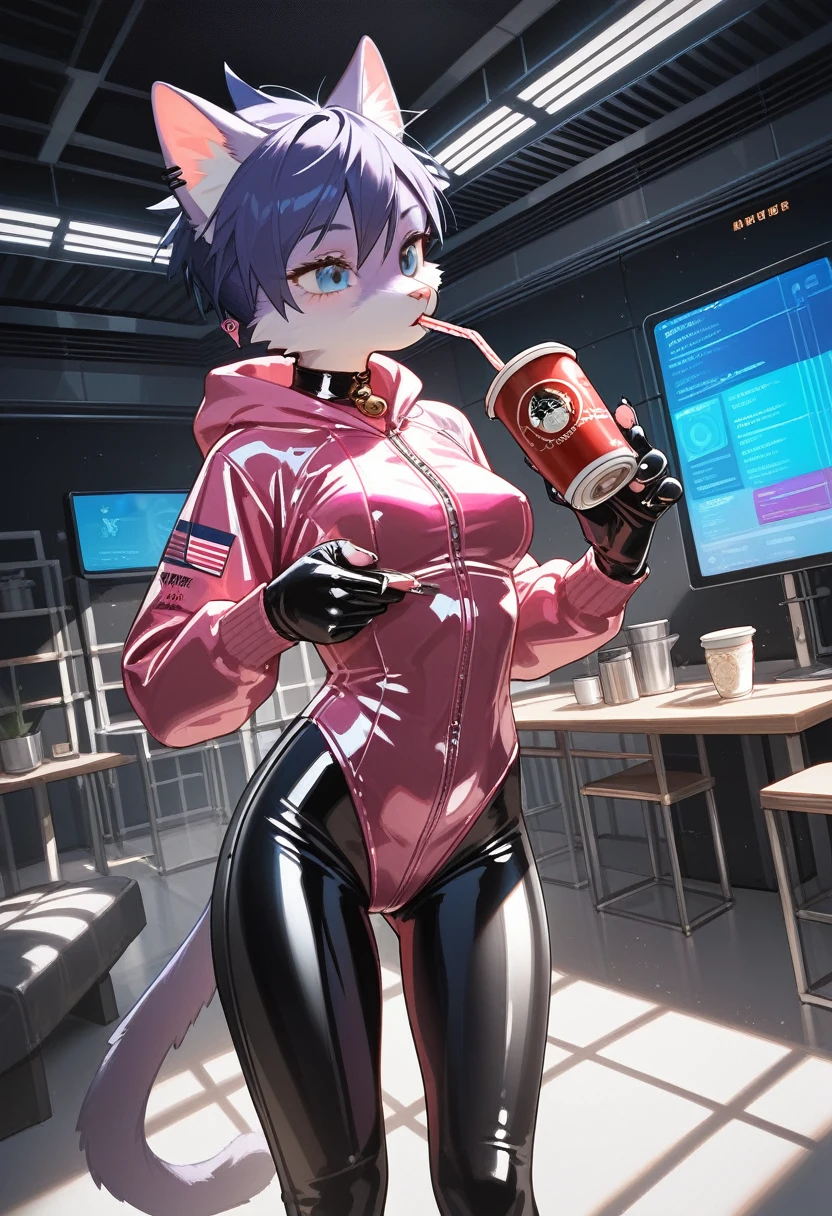 Highest quality, Highest quality, High quality illustrations, masterpiece, Ultra-high resolution, Detailed Background, room, Absurd, Perfect Anatomy, performance, Good lighting, Shadows in the movies(kemono, Furry PersonifiCation), Cat, Rubber Suit, latex, neon, neonライト, neonカラー, Bodysuits, Cyber Suit, cyber punk, Pink Rubber Hoodie, Drinking canned coffee, Earrings, Tattoo, Dynamic Angle