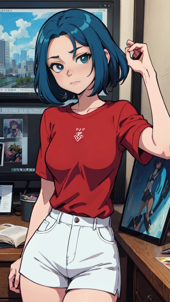 a drawing of a woman in a red shirt and white shorts, flat anime style shading, painted in anime painter studio, cel - shaded art style, clean detailed anime style, cel-shading style, made with anime painter studio, anime style hyper detailed, anime artstyle, high quality colored sketch, digital anime illustration, digital cel shading, colored sketch, anime art style