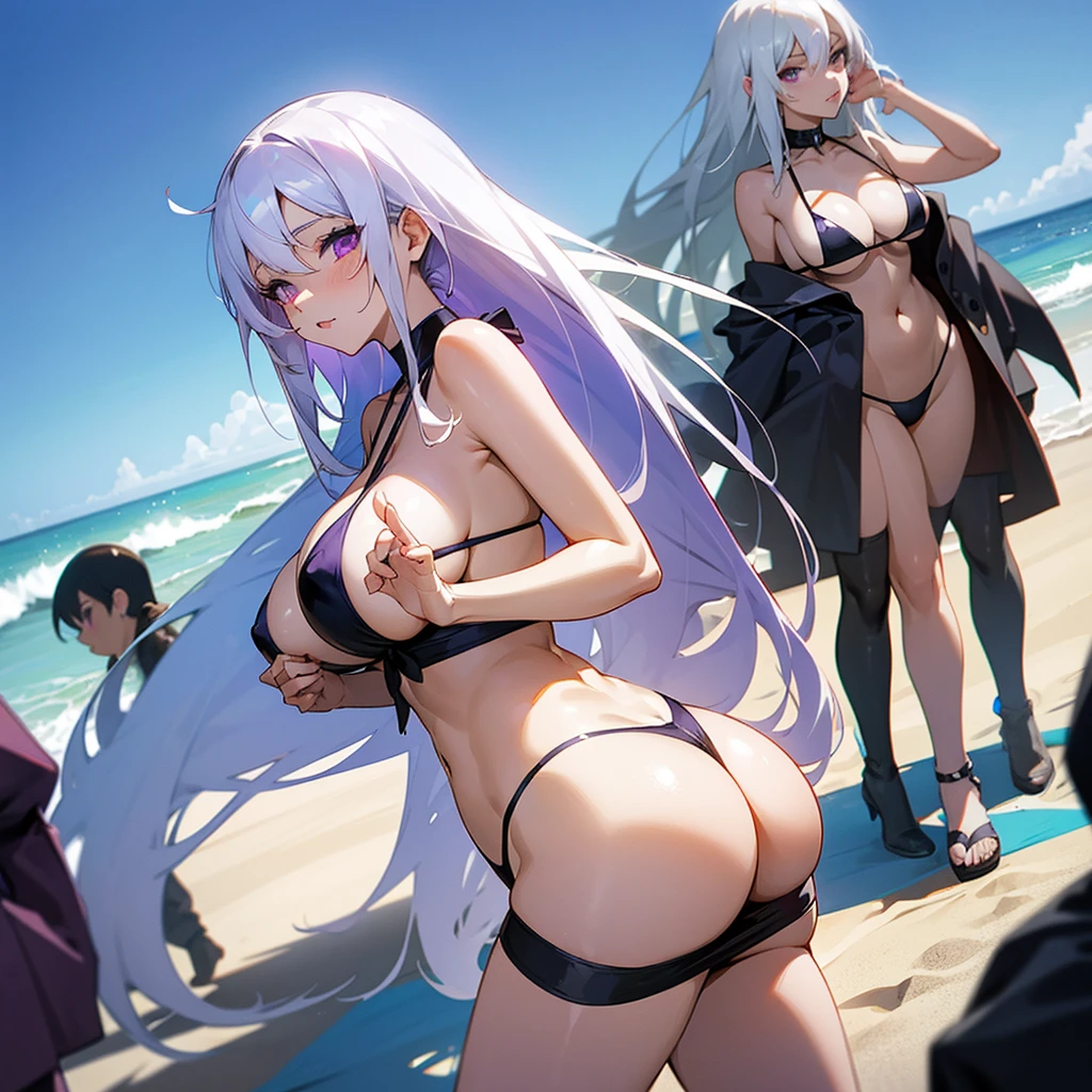 photo of anime girl on the beach with white hair and purple eyes, black bikini with and very hot with long hair and in a meeting with her friends with big ass and big tits doing ass poses