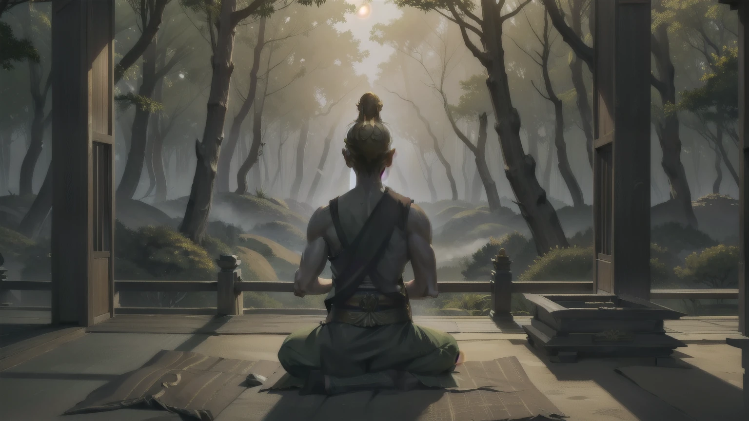 I want a character covered in shadows and meditating in a Buddhist temple in a forest, golden mists