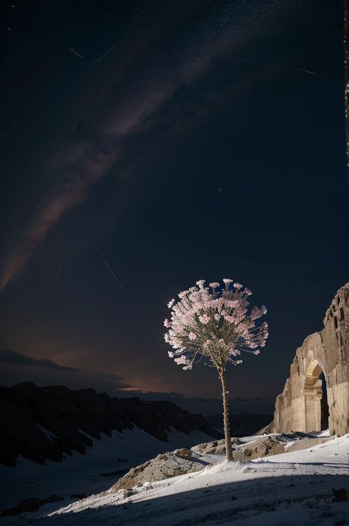 "Un désert de glace où des fleurs de cristal éclosent sous une aurore boréale."