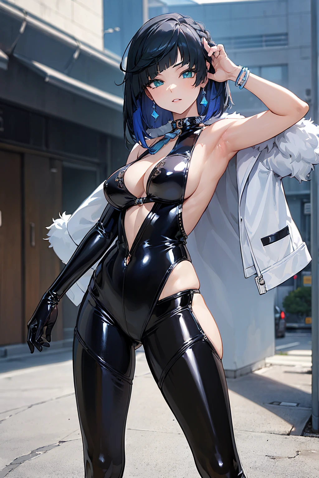 (masterpiece, best quality:1.4), wide open legs, close in view, visible tights, best anatomy, anime girl in black latex posing on the street, wearing latex, black shiny latex, visible armpits