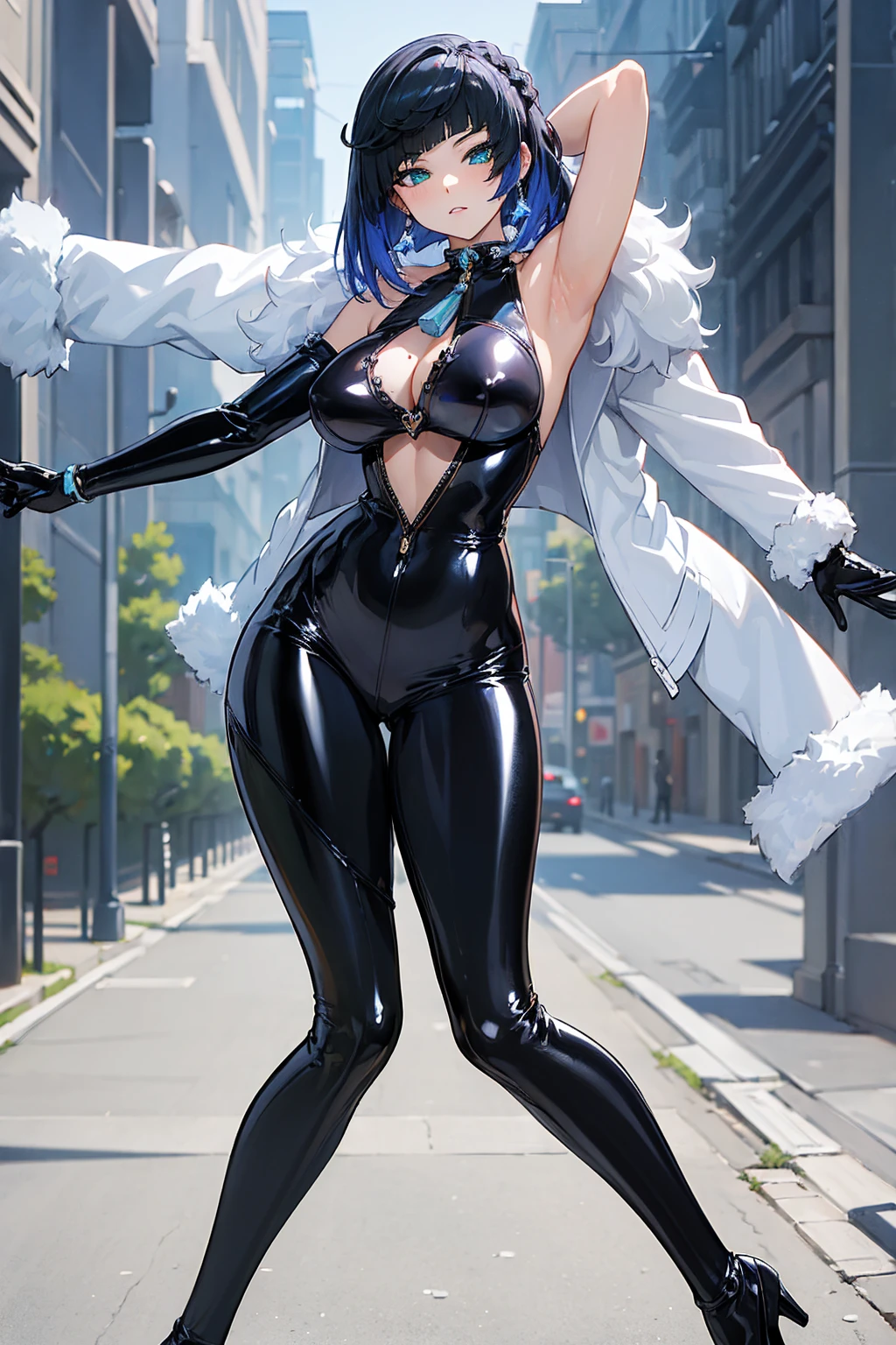 (masterpiece, best quality:1.4), wide open legs, close in view, visible tights, best anatomy, anime girl in black latex posing on the street, wearing latex, black shiny latex, visible armpits