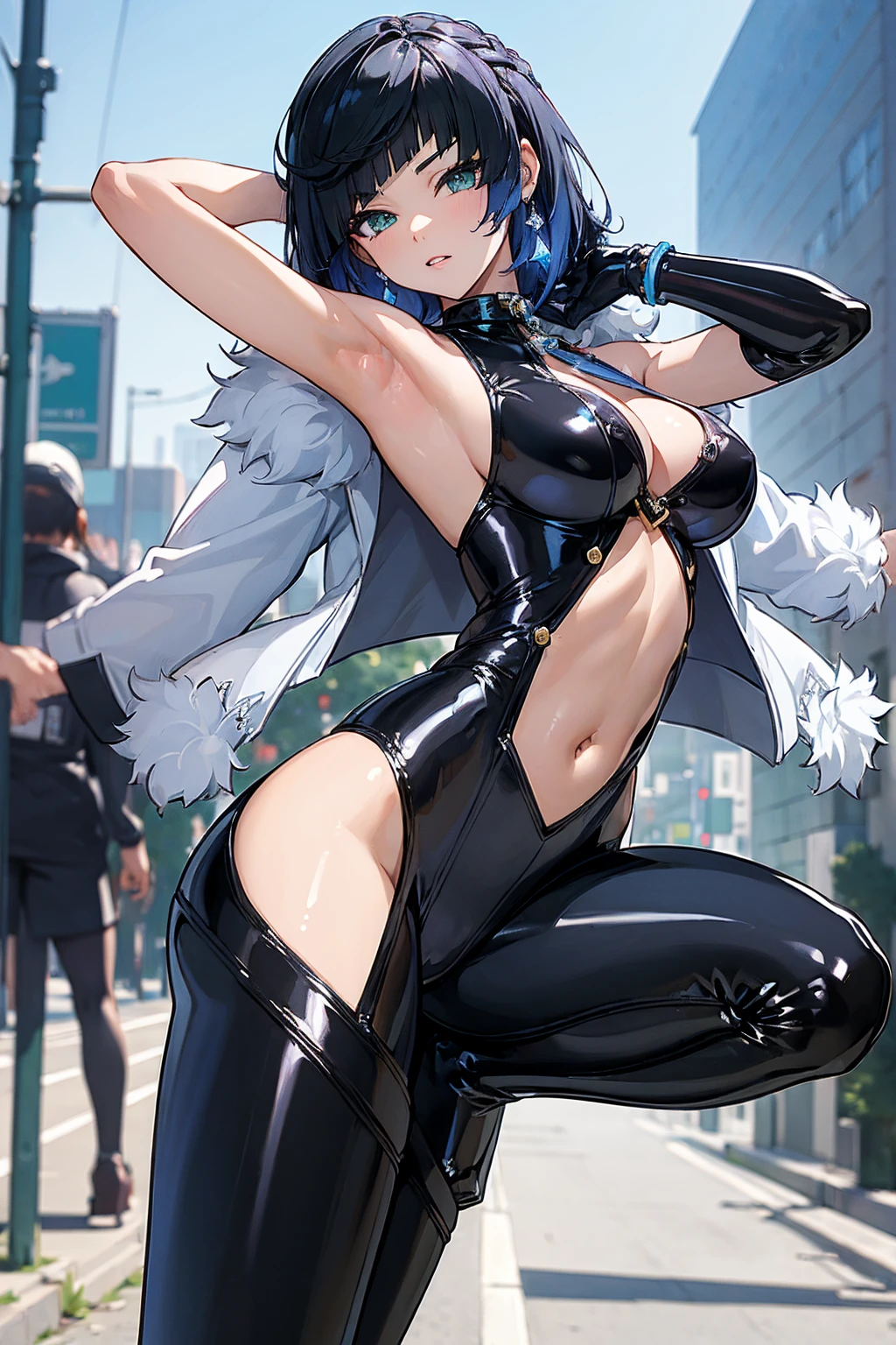 (masterpiece, best quality:1.4), wide open legs, close in view, visible tights, best anatomy, anime girl in black latex posing on the street, wearing latex, black shiny latex, visible armpits